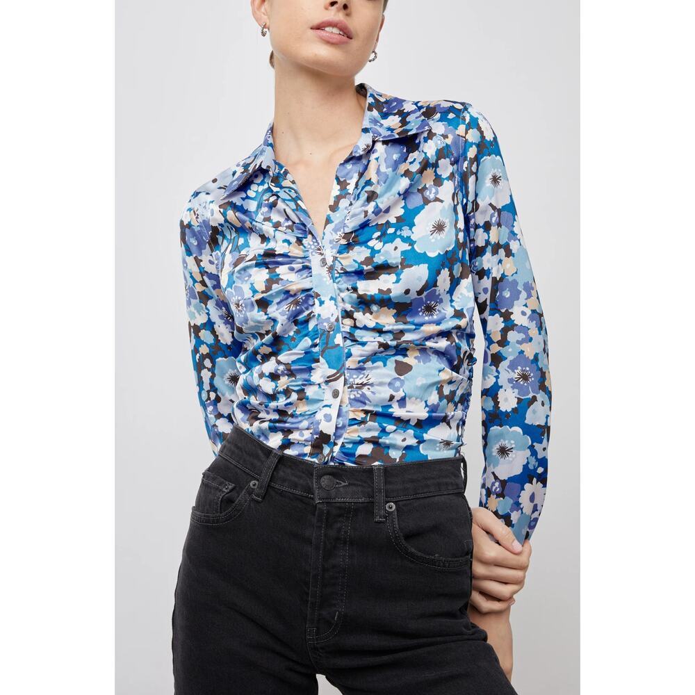 New Rails Lisa Ruched Floral Button Up Top Blouse Sz M Y2K 90s Retro‎ Blue White